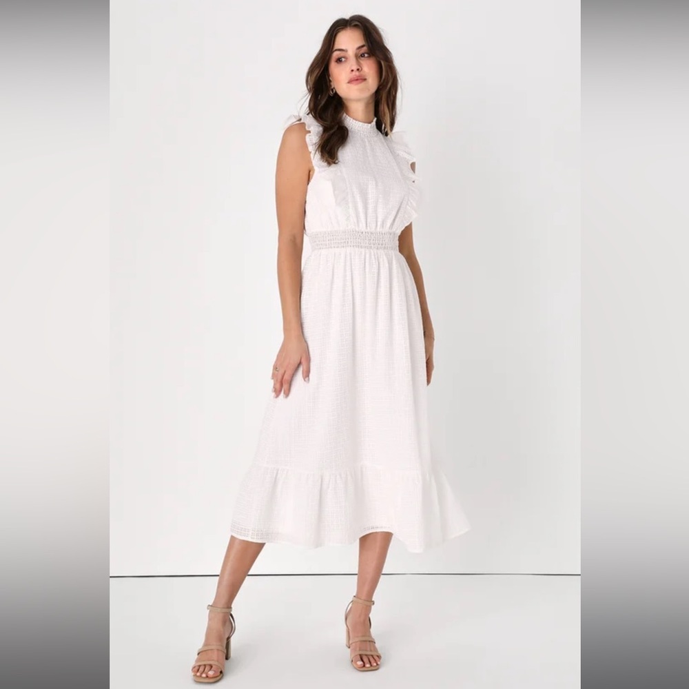 Countryside Charm White Ruffled Mock Neck Midi Dress!